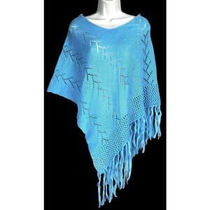 ONE STEP UP   One Size   Simply Aqua   32" FRINGED PONCHO   Ramie-Acrylic-Mohair